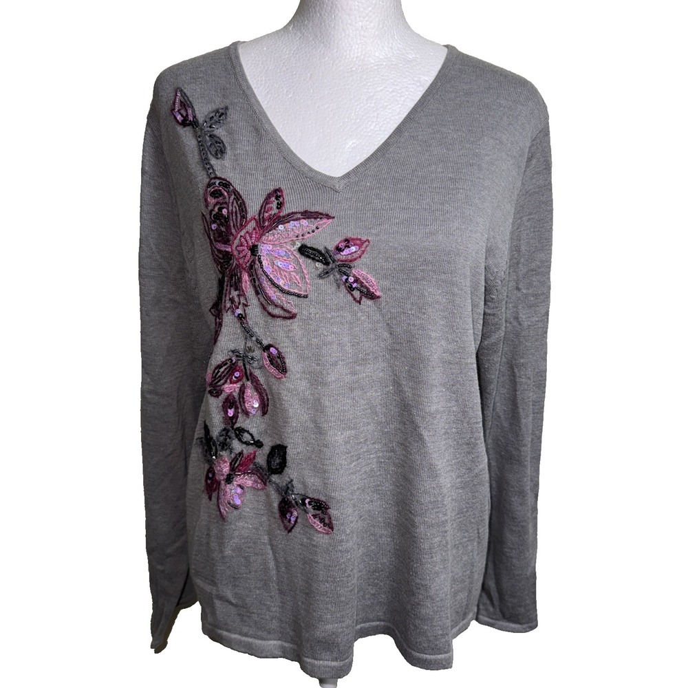 Victor Costa Occasion Top Gray S Sequin Embroidered‎ Beaded Long Sleeve Floral
